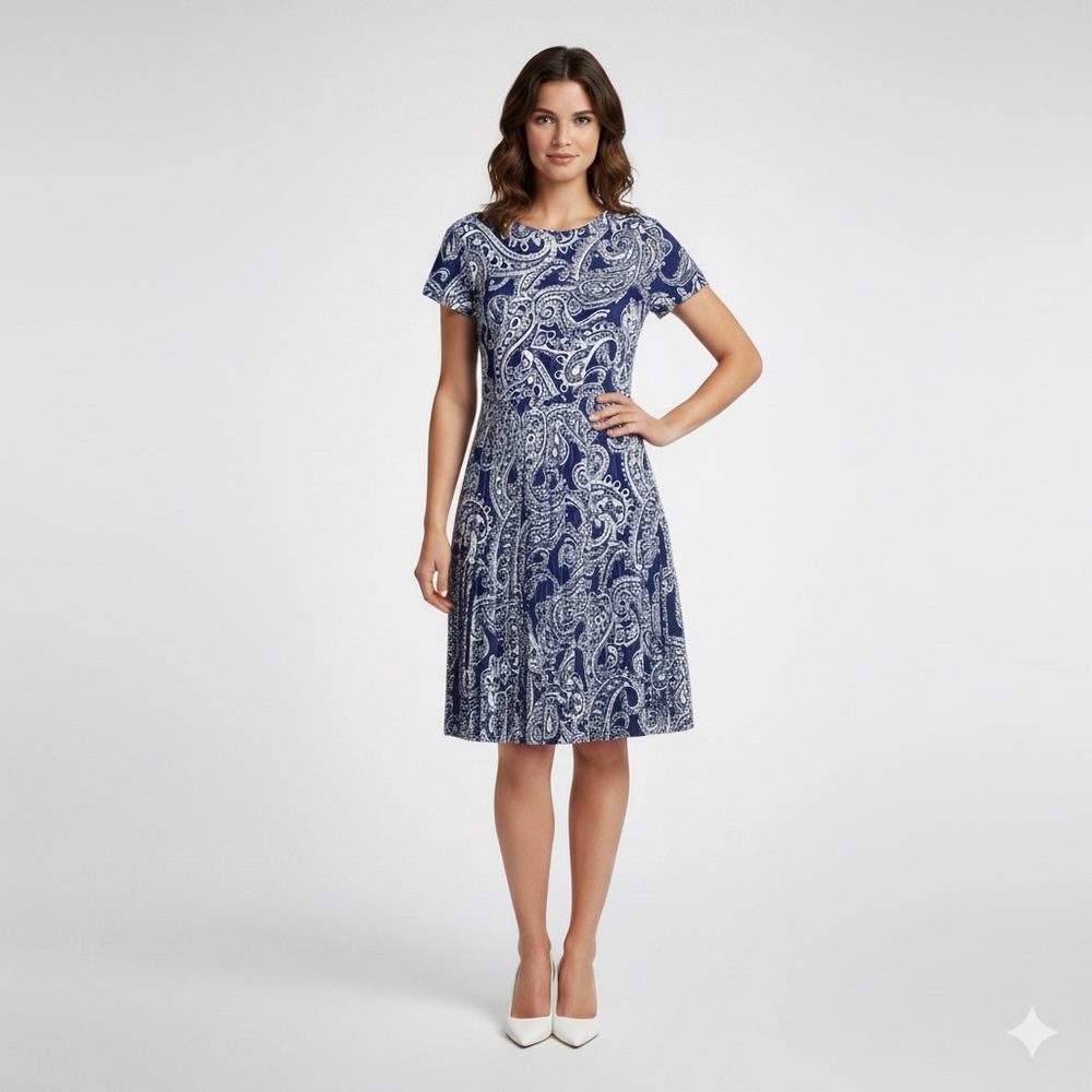 Michael Kors Dress Womens 6 Pleated Blue Paisley Short Sleeve Fit Flare Stretch